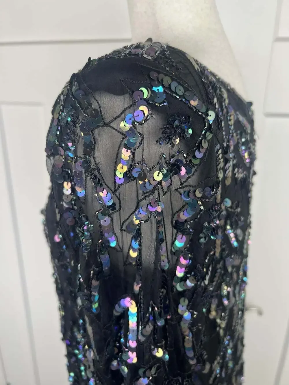 Vintage Carina Silk Sequin Dress M Iridescent Beaded Lace Sheath Cocktail Formal